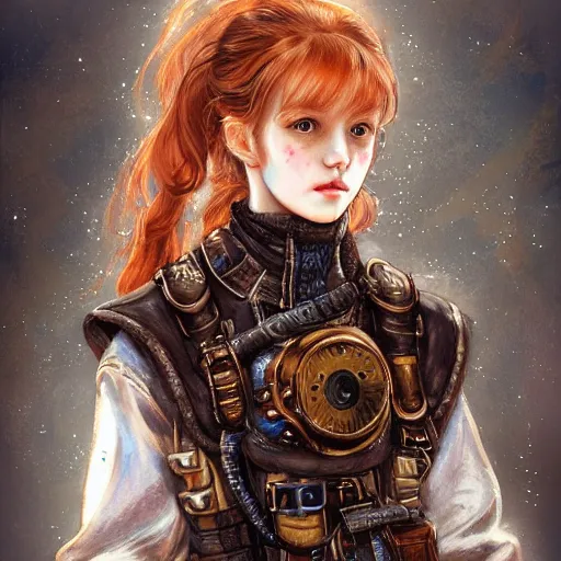 Image similar to portrait of a girl by ayami kojima, scottish, she is about 2 0 years old, wavy redhead, annoying little sister vibes, she is wearing a steampunk tactical gear, highly detailed portrait, digital painting, artstation, concept art, smooth, sharp foccus ilustration, artstation hq