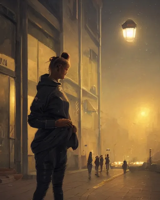 Image similar to portrait of attractive slav heroine wearing an addidas tracksuit. illuminated street lights, slav apartments in backround, by greg rutkowski and wlop, detailed, cinematic, 8 k, intricate, rule of thirds.