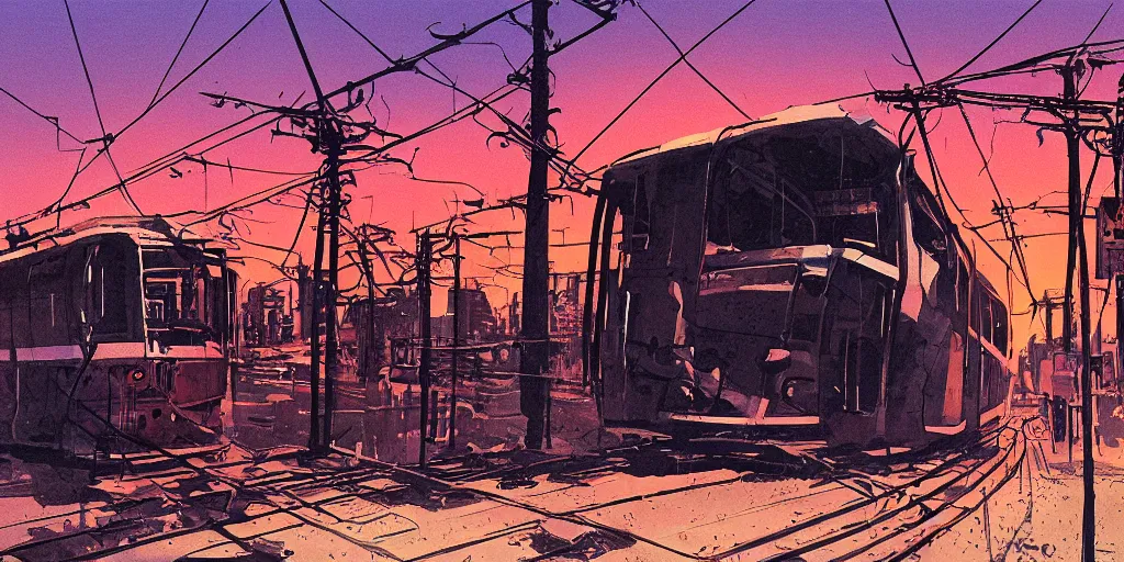 Prompt: post apocalyptic wasteland overhead wires telephone poles sunset clouds sky streetcar tram subway tunnel illustration by syd mead