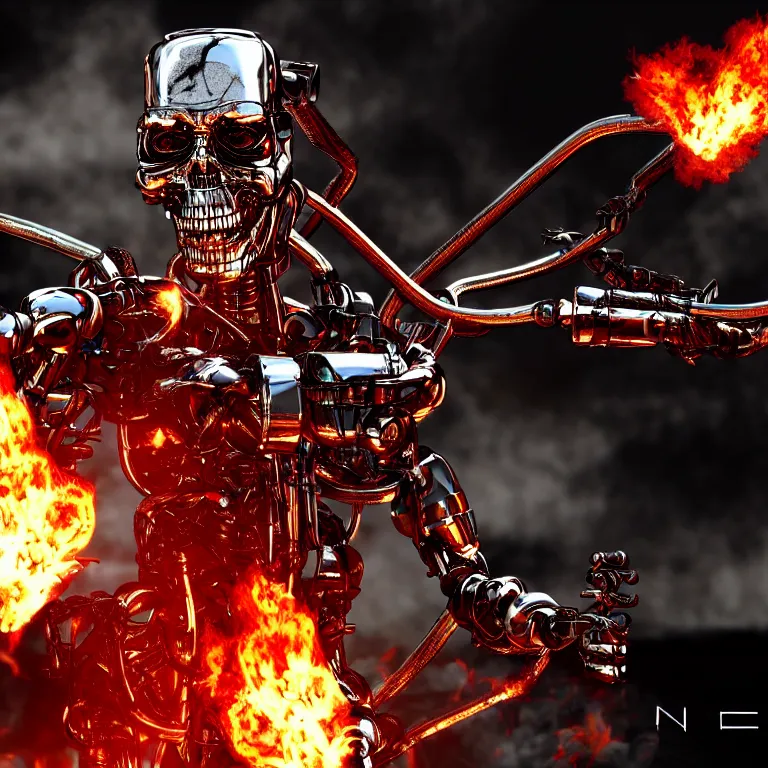 Image similar to terminator endoskeleton with fire behind it movie still, chrome, shiny, reflective, metallic, 3 d render, realistic, hdr, stan winston studios, dramatic lighting, flame colors bright,