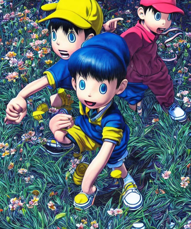 Image similar to ness from earthbound, highly detailed digital illustration, by takeshi obata, yoshitaka amano, ross tran, hirohiko araki, koyoharu gotouge