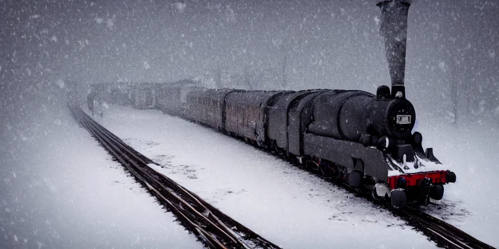 Image similar to a high detail photograph of a heavy steam train in the snow under a blizzard, realism, 4 k, award winning photograph, octane render,, bloom, dramatic lighting, cinematic, high details