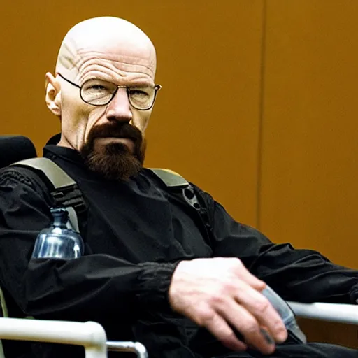 Prompt: walter white with a rough beard, wearing a clear plastic scuba rebreather, sitting in a wheelchair in a courtroom.