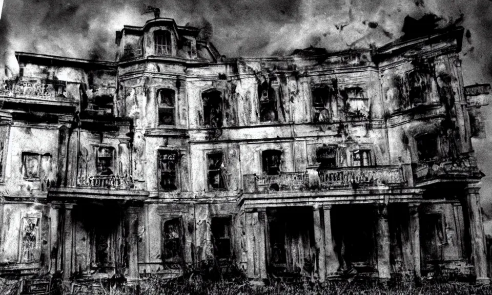 Image similar to 35mm film still, Resident evil mansion, zombie, spooky, horror, old, dirty, reversal film stock