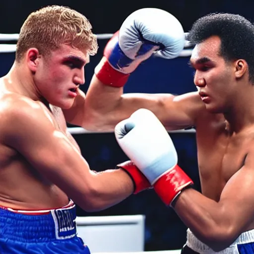 Image similar to jake paul vs mohammed ali, brutal boxing match, sports photography, sweat flying, hd high detail, professional photo