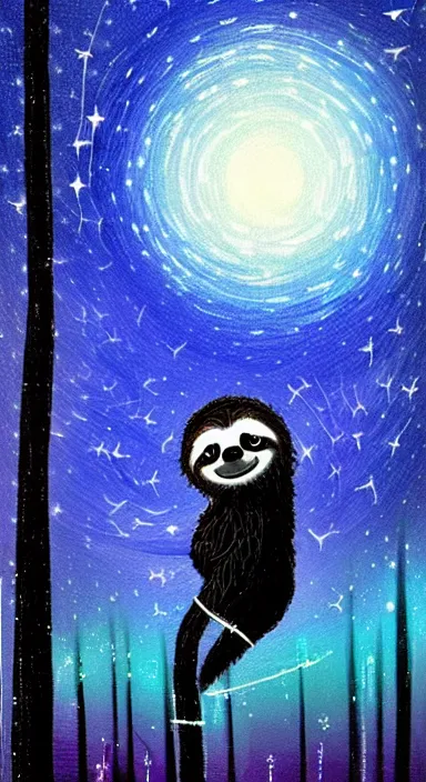 Image similar to beautiful dark night with many stars and clouds, a cute sloth on a tree!! with string lights, everything!! made of thick flowing dramatic paint brush strokes, stylish abstract impressionism, matte colors, trending on artstation