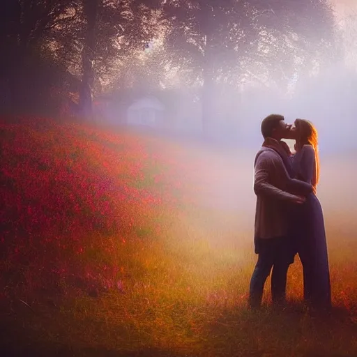 Prompt: a fantastic dreamy image of a vision of a couple having a loving kiss, in the form of spirit people dreaming, ethereal, dreamlike, misty, godrays, golden amber light