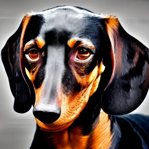 Prompt: portrait of a dachshund human hybrid, studio lighting, realistic, detailed