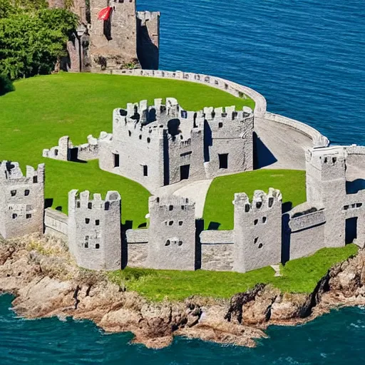 Prompt: aerial view of a punisher fortress from above on a hill by the ocean. castle shaped shaped exactly like the punisher symbol detailed