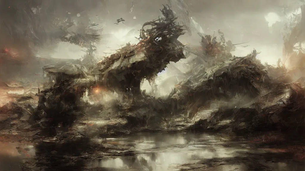 Prompt: the beginning of the end by ruan jia, landscape