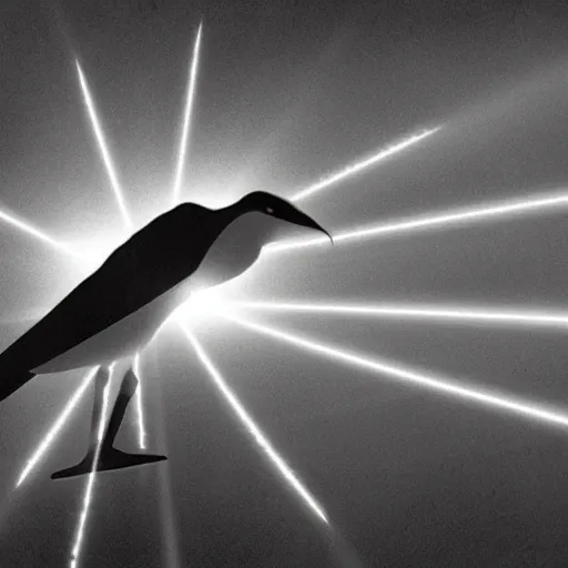 Image similar to a giant bird shooting lasers through his eyes, conspiracy photo, top secret, black and white, grained