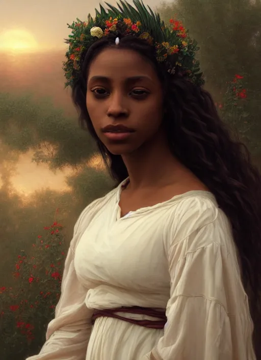 Image similar to oil painting close up portrait of a contemplative young black woman with long dark flowing hair in a white dress, wearing a crown of wildflowers!! at sunset, hazy, digital art, chiaroscuro, artstation, cinematic, golden hour, digital art painting by greg rutkowski, william - adolphe bouguereau, hazy atmosphere, cinematic lighting