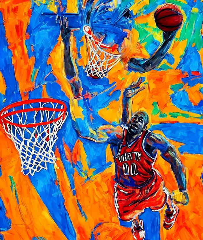 Image similar to ( ( ( expressionist painting of walter white dunking a basketball ) ) ), dynamic perspective, expressionist, colorful, detailed, many layered colores