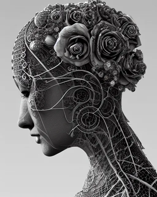 Image similar to mythical dreamy black and white organic bio - mechanical spinal ribbed profile face portrait detail of translucent steampunk beautiful female angelic - human - queen - vegetal - cyborg, highly detailed, intricate crystal ivy jelly ornate, poetic, translucent roses ornate, 3 d render, digital art, octane render, 8 k artistic photography, photo - realistic, by dora maar