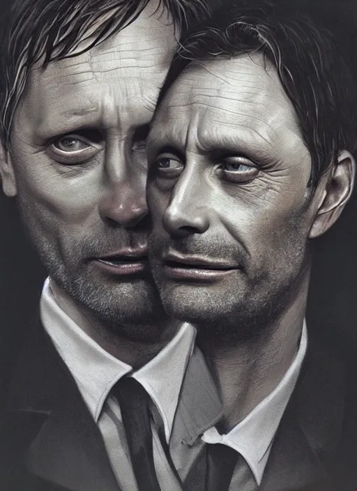 Image similar to close up portrait of Mads Mikkelsen!!! and Hugh Dancy!!! holding hands romantically as they chaperone school dance by ((Zdzislaw Beksinski)), Michael Whelan, Bob Larkin and Tomer Hanuka, simple illustration, domestic, nostalgic, clean, Matte painting, trending on artstation and unreal engine, New Yorker magazine cover