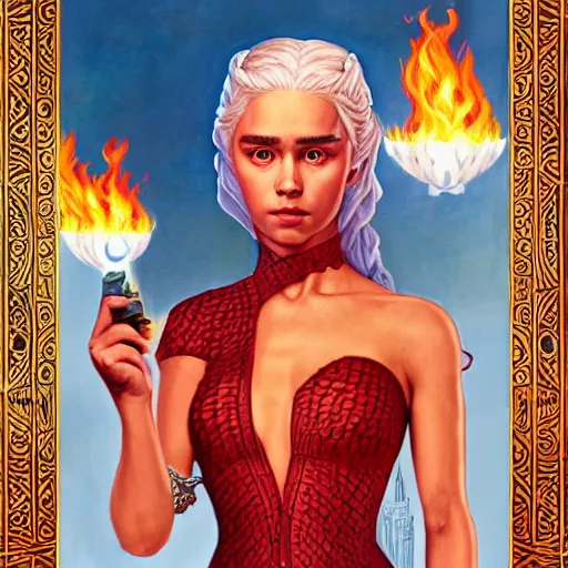 Image similar to lofi daenerys targaryen portrait with fire flaming dragons, queen of dragons, Pixar style, by Tristan Eaton Stanley Artgerm and Tom Bagshaw.