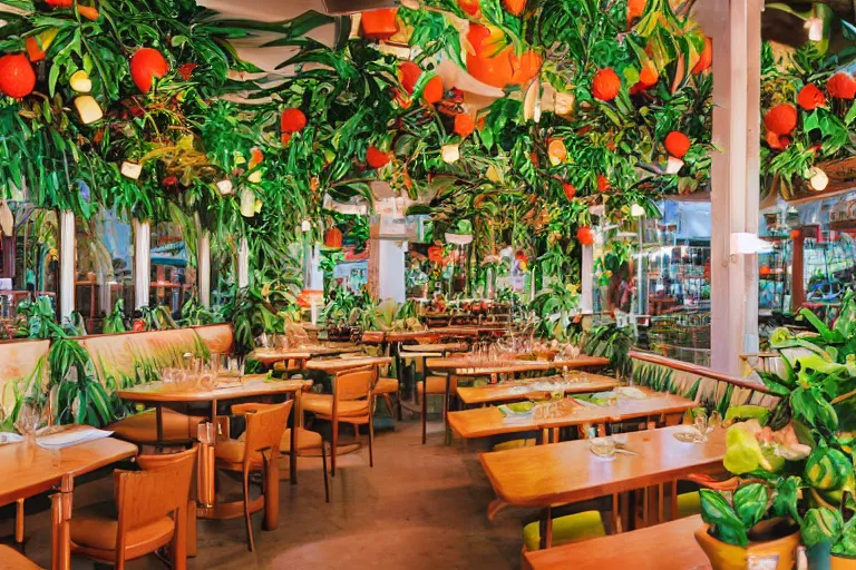 Image similar to 1 9 9 2 rainforest themed diner, tables repeat into the horizon, fruitcore, watermeloncore, one point perspective, americana, restaurant interior photography, 5 5 mm