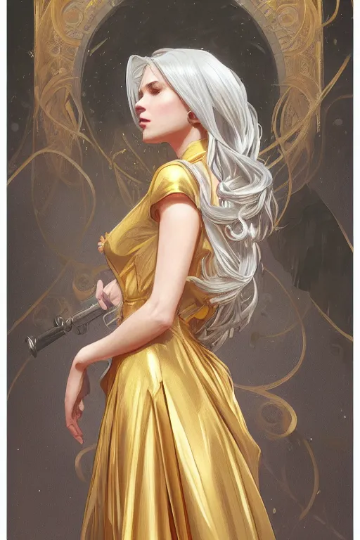 Image similar to a girl wearing a golden dress, grey hair, red necktie, cinematic, stunning, highly detailed, digital painting, artstation, smooth, hard focus, full body shot, illustration, art by artgerm and greg rutkowski and alphonse mucha