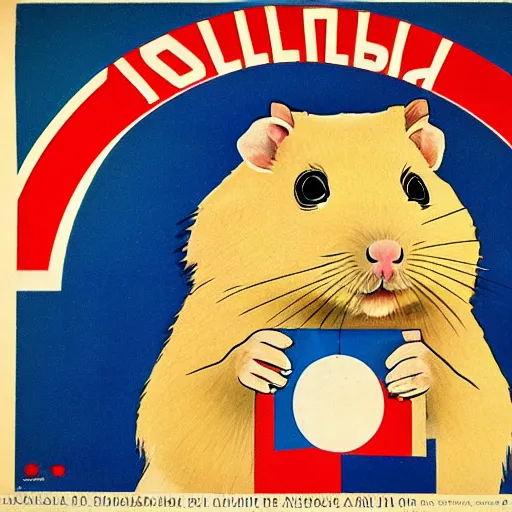 Image similar to yugoslav propaganda poster, a hamster, there is a yugoslav flag waving in the background.