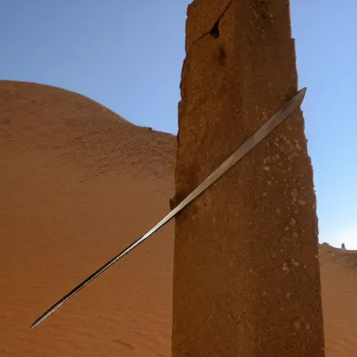 Prompt: A mythical sword floating above an obelisk in ancient ruins in the dessert