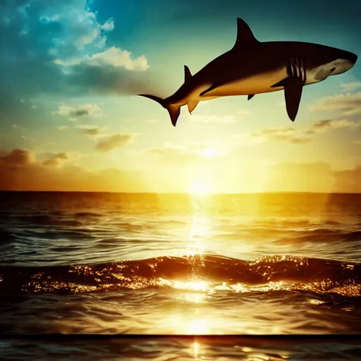 Image similar to a giant shark, water magic art, on the ocean water, ray tracing, realistic water sharp focus, long shot, 8 k resolution, cinematic, amazing water art