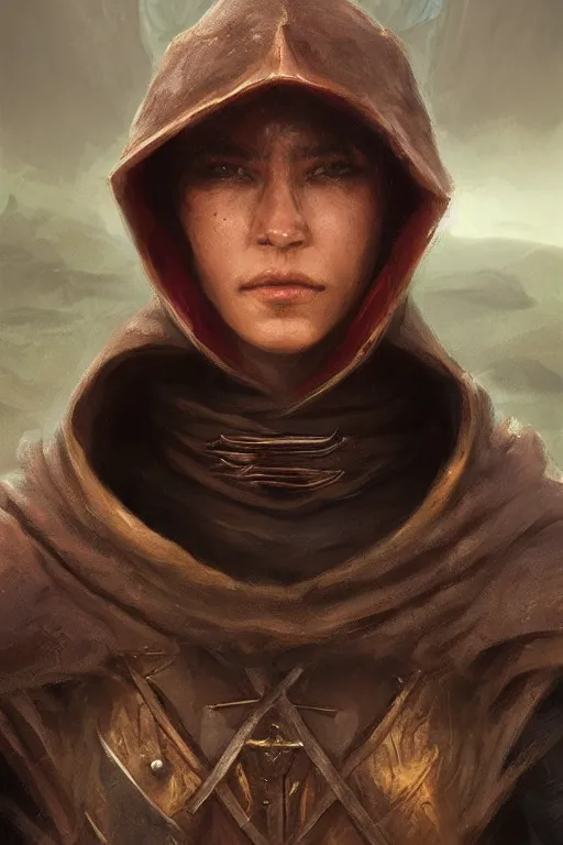 Image similar to dungeons and dragons young hooded warrior character closeup portrait, dramatic light, lake background, 2 0 0 mm focal length, painted by stanley lau, painted by greg rutkowski, painted by stanley artgerm, digital art, trending on artstation