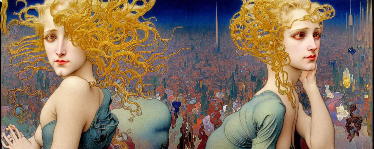 Image similar to realistic extremely detailed full length portrait painting of a girl with blond hair in a crowded modern alien city street by Jean Delville, Amano, Yves Tanguy, Alphonse Mucha, Ernst Haeckel, Edward Robert Hughes, Roger Dean, rich moody colours, blue eyes