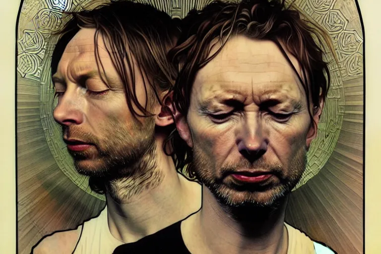 Prompt: hyper realistic portrait of thom yorke singer songwriter, side, flat face, liminal space, by lee bermejo, alphonse mucha and greg rutkowski