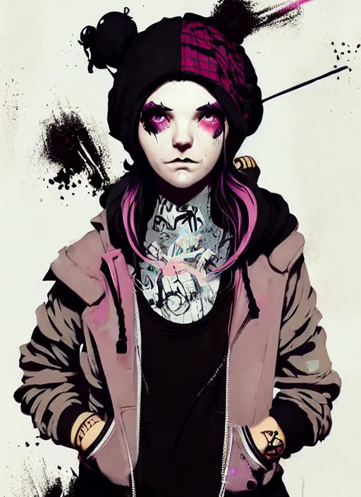 Image similar to highly detailed portrait of a sewer punk lady, tartan hoody, blonde ringlet hair by atey ghailan, by greg rutkowski, by greg tocchini, by james gilleard, by joe fenton, by kaethe butcher, gradient magenta, black, blonde cream and white color scheme, grunge aesthetic!!! ( ( graffiti tag wall background ) )