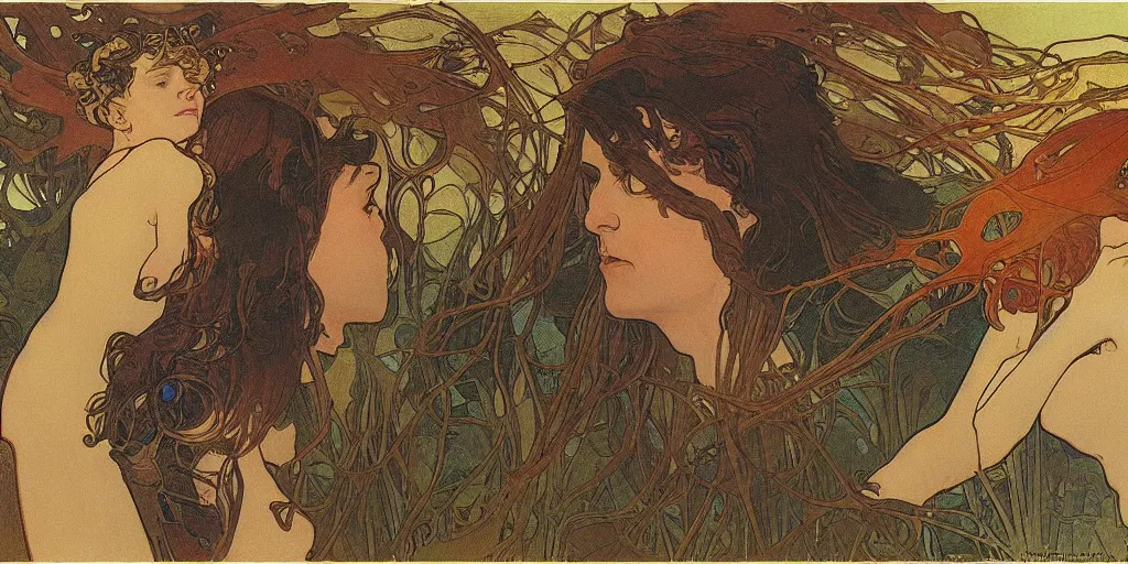 Prompt: Concept Art of cinematography of Terrence Malick film by Mucha, Alphonse