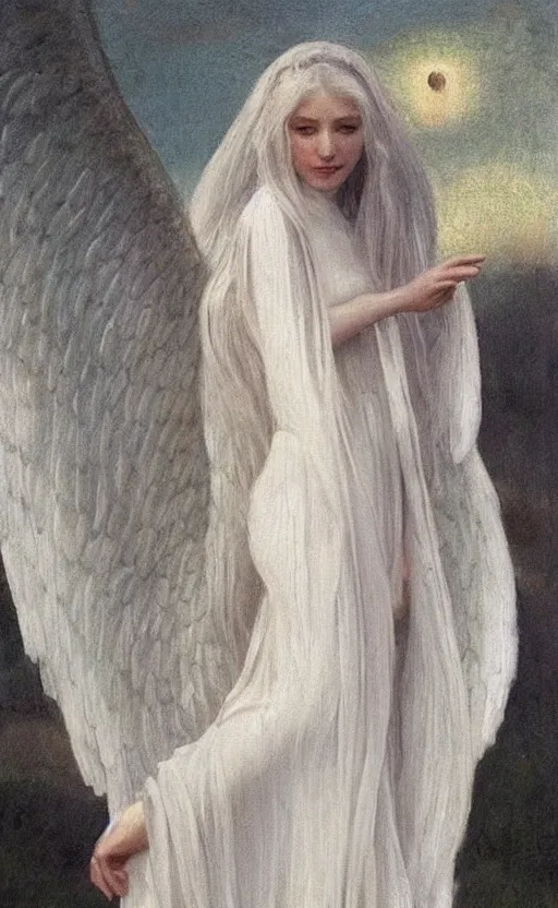 Image similar to say who is this with silver hair so pale and wan! and thin!? female angel, wearing white robes flowing hair, pale fair skin, white dress!! silver hair, covered!!, clothed!! lucien levy - dhurmer, fernand keller, oil on canvas, 1 8 9 6, 4 k resolution, aesthetic!, mystery
