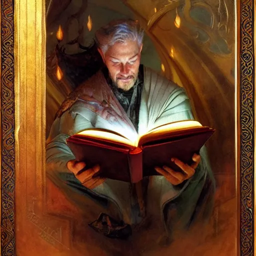 Prompt: stunning male master wizard reading his forbidden magical book, highly detailed painting by gaston bussiere, craig mullins, j. c. leyendecker, 8 k