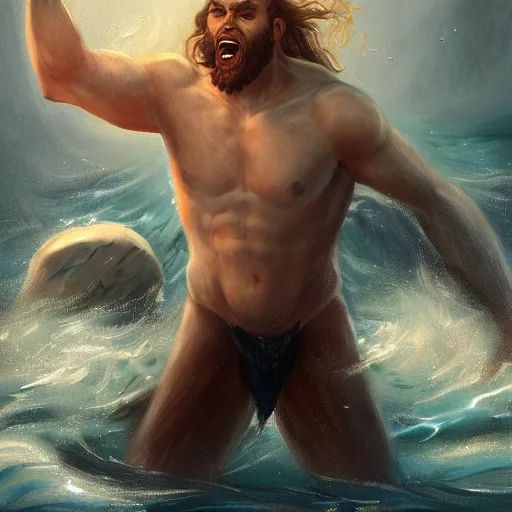 Image similar to portrait of proud and screaming Poseidon rising from the ocean, ready to fight, fantasy painting, artstation