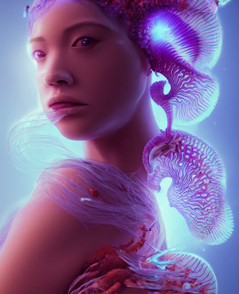 Image similar to goddess close-up portrait. orchid jellyfish phoenix head, nautilus, skull, betta fish, bioluminiscent creatures, intricate artwork by Tooth Wu and wlop and beeple. octane render, trending on artstation, greg rutkowski very coherent symmetrical artwork. cinematic, hyper realism, high detail, octane render, 8k