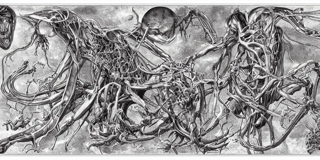 Prompt: highly detailed labeled medical anatomy poster of a eldritch god, poster paper with notes, well - lit, ray tracing, detailed, mechanism, forbidden - knowledge, intricate details, gold and silver ink, by kentaro miura, marco bucci