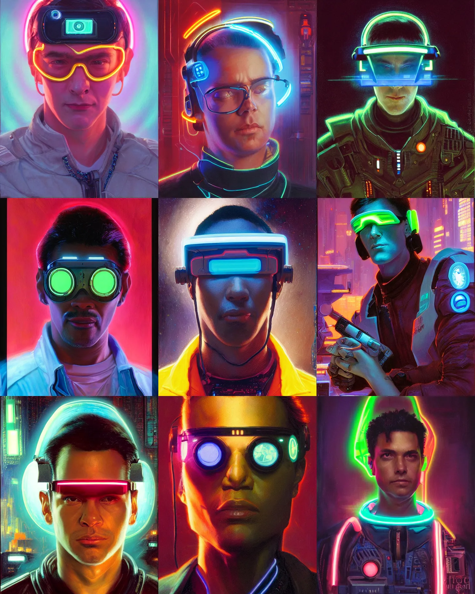 Prompt: neon cyberpunk programmer with glowing geordi visor and headset headshot portrait painting by donato giancola, kilian eng, john berkley, hayao miyazaki, j. c. leyendecker, mead schaeffer fashion photography