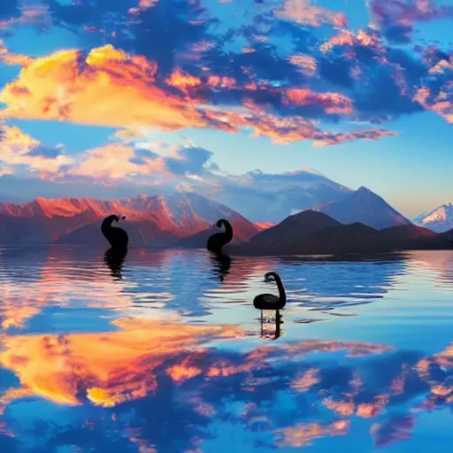 Image similar to photo of two black swans touching heads in a beautiful reflective mountain lake, a colorful hot air balloon is flying above the swans, hot air balloon, intricate, 8k highly professionally detailed, HDR, CGsociety