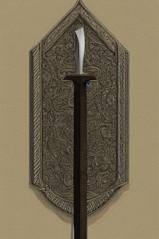 Prompt: sword of justice hanging on a wall, ornate gem in pommel, engraved blade, serrated point, herringbone floor, low angle, museum display, greg rutkowski