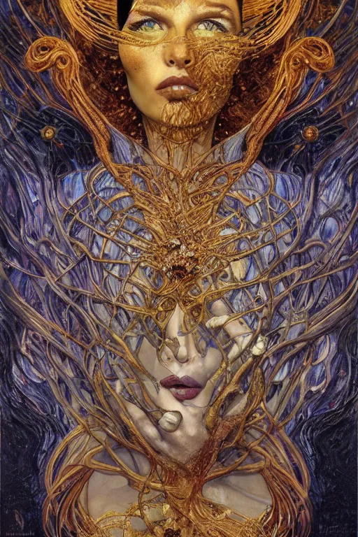 Image similar to Intermittent Chance of Chaos Muse by Karol Bak, Jean Deville, Gustav Klimt, and Vincent Van Gogh, beautiful Surreality portrait, enigma, Loki's Pet Project, destiny, Poe's Angel, fate, inspiration, muse, otherworldly, fractal structures, arcane, ornate gilded medieval icon, third eye, spirals