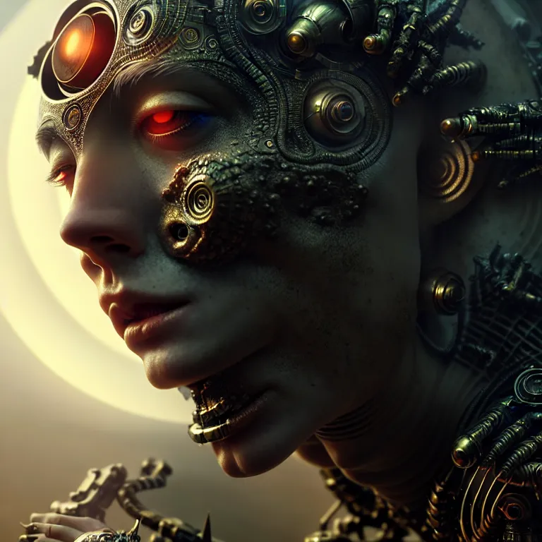 Image similar to ultra realistic beautiful cyborg deity eyes closed, fantasy, intricate details, movie still, highly detailed, photorealistic, octane render, eerie, 8k, art by james clyne and greg rutkowski and michael welan