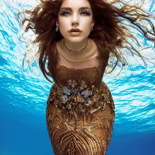 Prompt: mermaid , underwater , a stunning beautiful giorgia-era dress with brown long hair , abundant detail, flowers sprouting from the face