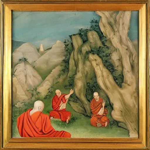 Prompt: landscape with praying monks, painting in the style of greco