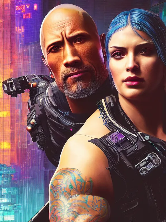 Prompt: a cyberpunk 2077 portrait of Dwayne Johnson holding a female android with couple pose,complex mess of cables and wires behind them connected to giant computer, love moive,film lighting, by laurie greasley,Lawrence Alma-Tadema,William Morris,Dan Mumford, trending on atrstation, full of color,face enhance,sharp focus, highly detailed,8K, octane,golden ratio,cinematic lighting