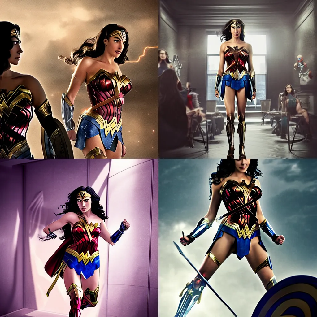 Prompt: Wonder Woman dramatically enters the meeting room of Justice League Headquarters, photorealistic anime by WLOP
