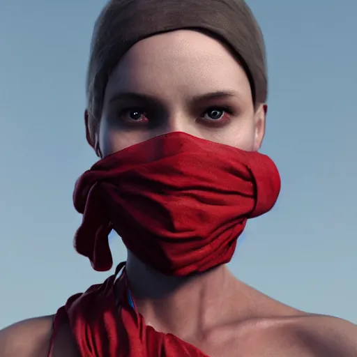 Image similar to woman with cloth covering her whole face, highly detailed, modern, digital art, red color, unreal engine, photorealism, cinematic lighting, 8k photorealistic, dramatic, trending on artstation, by Greg Rutkowski