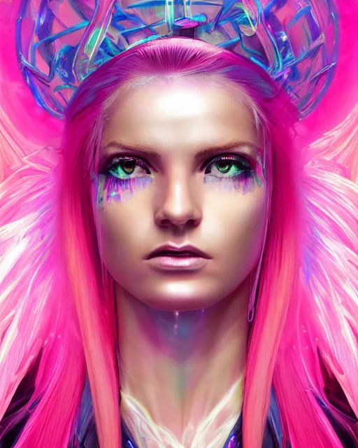 Prompt: a powerful energy psychedelic matrix goddess with pink hair, by alexander fedosav, hyper detailed digital matte painting, concept art, hyperrealism, 1 6 k resolution, cinema 4 d, 8 k resolution, trending on artstation, behance hd, a masterpiece, by stephan martiniere, particles, cel - shaded, power bright neon energy, by david a. hardy