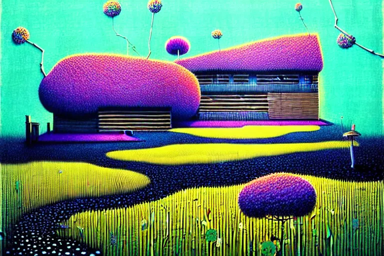 Image similar to surreal glimpse into other universe, house by kengo kuma, summer morning, very coherent and colorful high contrast, art by!!!! gediminas pranckevicius!!!!, geof darrow, floralpunk screen printing woodblock, dark shadows, hard lighting, stipple brush technique,