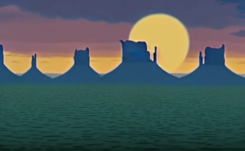 Image similar to a cell - shaded cartoon movie still from howl's moving castle ( 2 0 0 4 ) of a chrome ufo over a flooded monument valley at sunset. very dull muted colors, hd, 4 k, hq