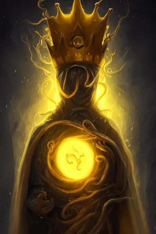 Image similar to A full body portrait of a mysterious character with no face with a very long hooded yellow cloak, a golden crown floating above his head, tentacles coming out the ground art by Jason Chan, ominous, cosmic horror, trending on artstation, Ultra detailed, hyper realistic 4k