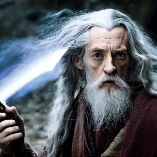 Image similar to A still of Elijah Wood as Gandalf in Lord of the Rings, portrait shot, dynamic lighting, smoking a pipe, 2022 picture of the year